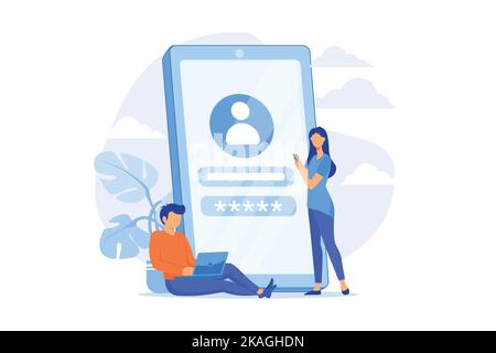 User verification. Unauthorized access prevention, private account authentication, cyber security. People entering login and password, safety measures Stock Vector
