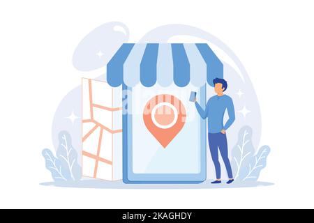 Mobile shopping, eshopping. Modern shopping, online retailer, consumer convenience design element. Marketplace with purchase delivery service. Stock Vector