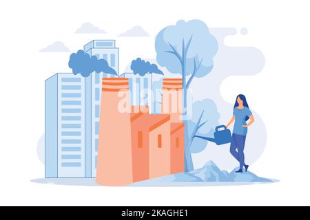 Deforestation and clearcutting problem. City pollution and nature ecosystem. Protect forest, reforestation idea, urbanization consequences. Stock Vector