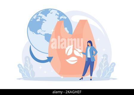 Environmental contamination. Planet protection idea. Plastic pollution, cellophane bag, biodegradable materials use. Responsible consumption. Stock Vector