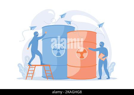 Radioactive barrels. People in protective suits with biological weapon. Chemical products. Poisonous substance, toxic casks, nuclear danger. Stock Vector