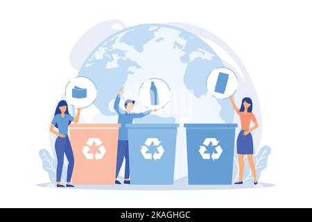 Eco activists sorting garbage. Waste segregation. Disposable system. Ecological responsibility. Trash containers, rubbish cans, recycling idea. Stock Vector
