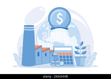Pollution damage calculation. Industrial plant profit. Planet atmosphere destruction. Planet safety, polluted air problem, working factory. Stock Vector
