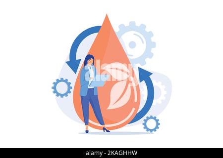 Aqua consumption idea. Potential risk calculation. Non renewable resource, water scarcity, water footprint. Ecology specialist doing research. Stock Vector