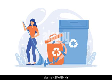 Plastic trash sorting. Recycling and reusing idea. Man gathering plastic bottles. Rubbish container, garbage segregation, ecology protection. Stock Vector