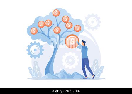 Deposit withdrawal. Bank client, taking loan. Money lending, return on investment, salary payment. Banker, depositor plucking coins from tree. flat ve Stock Vector
