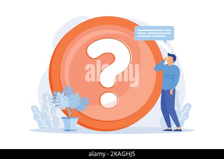 Website FAQ section. User helpdesk, customer support, frequently asked questions. Problem solution, quiz game Confused man cartoon character. Stock Vector