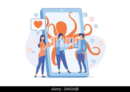 People addicted to smartphones. Social media obsession, trendy lifestyle, gadgets abuse. Contemporary leisure, modern generation problem lat vector mo Stock Vector