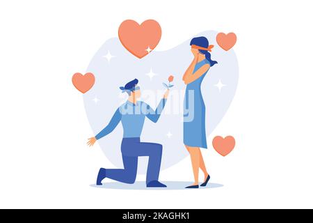 Young man and woman on blind date. Romantic surprise, amorous feelings expression, blindfolded lovers. Boyfriend giving girlfriend flower. flat vector Stock Vector