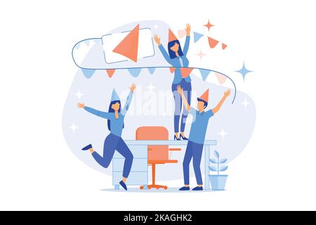 Office workers, coworkers having fun together. Corporate party, special event celebration, business success. Company staff, colleagues in festive hats Stock Vector