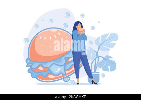 Hungry woman eating burger. Fast food addiction, excessive eating, high calorie meal. Girl with huge appetite, overeating and gluttony. flat vector mo Stock Vector