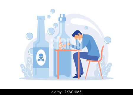 Drunk depressed man, alcoholic with hangover. Heavy drinking, alcoholism problem, booze abuse. Guy with alcohol addiction, psychological problem. flat Stock Vector