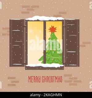 Christmas window with shutters on a brick wall. Postcard template. A Christmas tree decorated for the New Year is inside the house.  Stock Vector