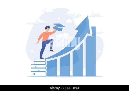 University graduation. Achievement, higher education, academic degree. Successful student jumping, holding mortarboard. Personal development. flat vec Stock Vector