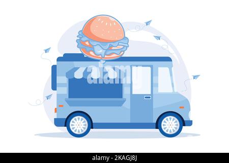 Fast food truck, burger van. Unhealthy nutrition, quick meal service. Small business, fastfood retail, street eatery. Van with huge hamburger on top. Stock Vector