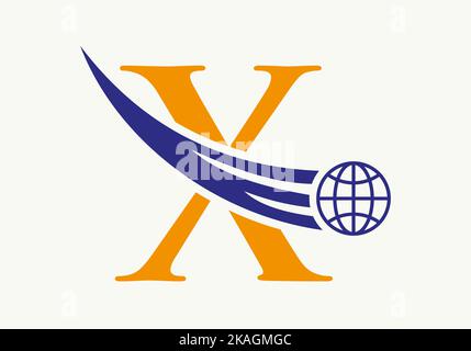Letter X World Logo Concept With Moving Global Icon Vector Template Stock Vector