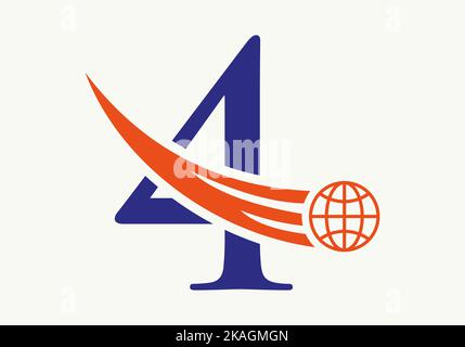 Letter 4 World Logo Concept With Moving Global Icon Vector Template Stock Vector
