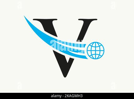 Letter V World Logo Concept With Moving Global Icon Vector Template Stock Vector