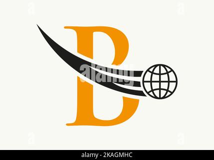 Letter B World Logo Concept With Moving Global Icon Vector Template Stock Vector
