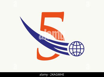 Letter 5 World Logo Concept With Moving Global Icon Vector Template Stock Vector