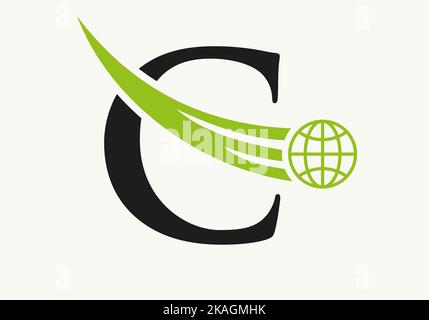 Letter C World Logo Concept With Moving Global Icon Vector Template Stock Vector