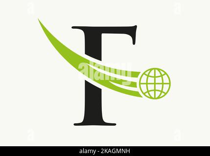 Letter F World Logo Concept With Moving Global Icon Vector Template Stock Vector