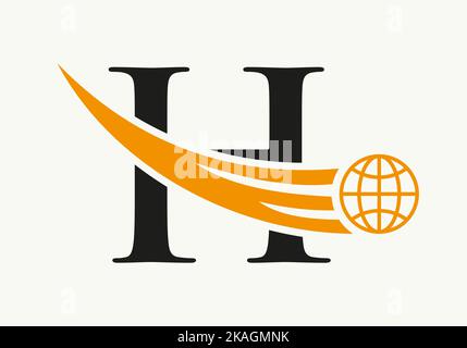 Letter H World Logo Concept With Moving Global Icon Vector Template Stock Vector