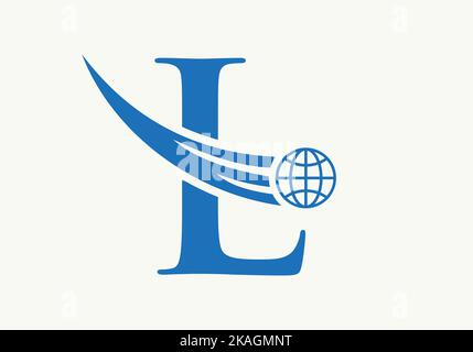 Letter L World Logo Concept With Moving Global Icon Vector Template Stock Vector