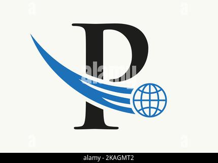 Letter P World Logo Concept With Moving Global Icon Vector Template Stock Vector