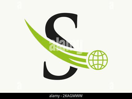 Letter S World Logo Concept With Moving Global Icon Vector Template Stock Vector