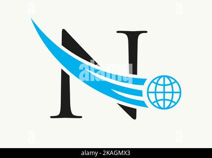 Letter N World Logo Concept With Moving Global Icon Vector Template Stock Vector