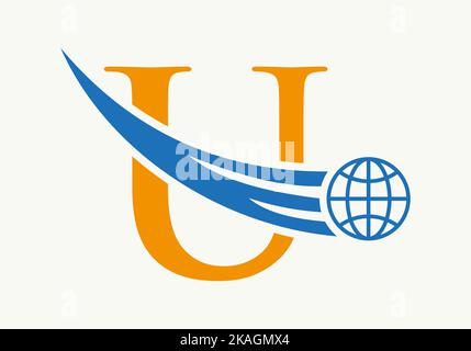 Letter U World Logo Concept With Moving Global Icon Vector Template Stock Vector