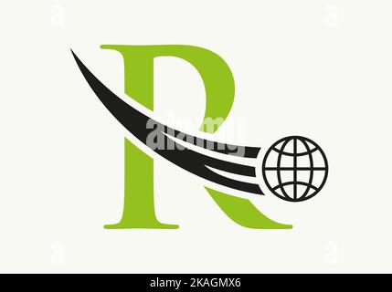 Letter R World Logo Concept With Moving Global Icon Vector Template Stock Vector