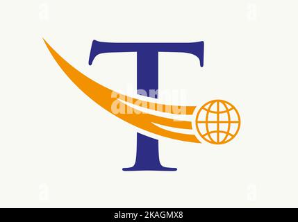 Letter T World Logo Concept With Moving Global Icon Vector Template Stock Vector