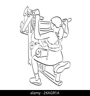 back view of sporty woman workout in lat exercise machine in gym illustration vector hand drawn isolated on white background line art. Stock Vector