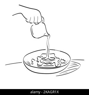 closeup hand pouring gravy on food illustration vector hand drawn isolated on white background line art. Stock Vector