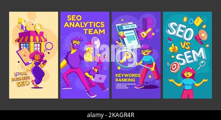 Keywords ranking, SEO analytics team, comprasion with SEM and local search engine optimization concept. Stories template for social media with people work in SEO agency, vector illustration Stock Vector