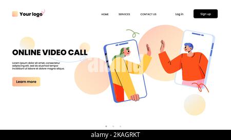 Online video call banner with man and woman on mobile phone screens giving high five to each other. Concept of online meeting of friends or team, vector landing page with flat illustration Stock Vector