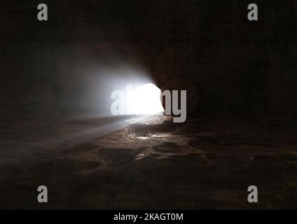 The death and resurrection of Jesus Christ and the opening of the tomb door and a bright light coming out Stock Photo