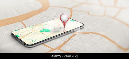 Application of GPS Navigation map on smartphone with Red, blue, and yellow pinpoint. Route map with Location pinpoint symbols on screen and World map Stock Photo