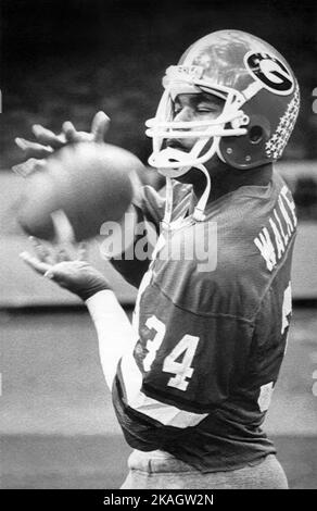 Heisman Trophy winner Herschel Walker works on catching passes on December 3, 1982, in New Orlean's Superdome where the top ranked Georgia Bulldogs would face Penn State for the national title on January 1, 1983. (USA) Stock Photo