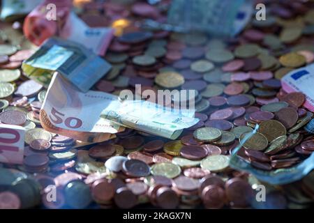 Berlin, Germany. 02nd Nov, 2022. Banknotes and coins are in a collection box made of plexiglass. Credit: Soeren Stache/dpa/Alamy Live News Stock Photo