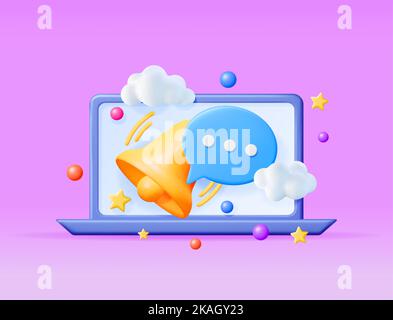 3D Notification Popup with Bell in Laptop Stock Vector