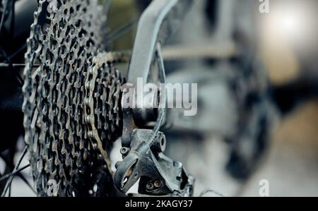 Cycling speed, bicycle gears and chain, cycle speed mechanic wheels of metal, iron or steel closeup. Mountain bike back wheel, extreme sports and Stock Photo