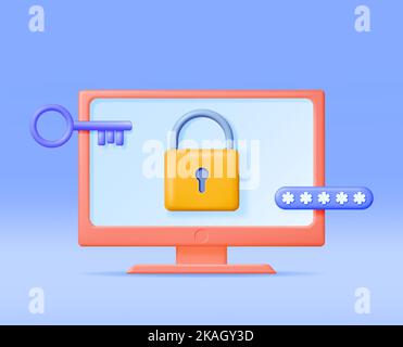 3D Desktop PC with Shield Lock and Password Stock Vector