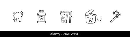 Oral hygiene icons set. Healthy white teeth, mouthwash, tooth paste and floss. Pixel perfect, editable stroke line art  Stock Vector