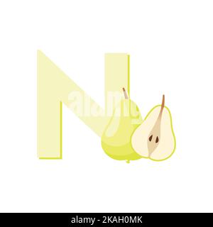 Letter N Alphabet Fruits Nashi Pear, Clip Art Vector, Illustration Isolated on a white background Stock Vector