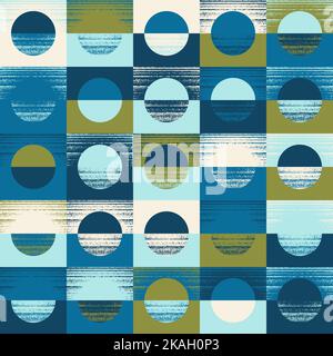 Geometric seamless pattern of squares and circles chaotically painted in blue green, olive green, cream and light blue. Design for wallpaper, wrapping products, textiles, fabrics. Stock Vector