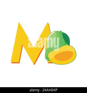 Alphabet Fruits Mango, Clip Art Vector, Illustration for kids, Letter M Stock Vector