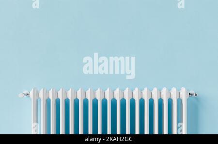 3D illustration of white radiator hanging on blue wall and warming room at home Stock Photo